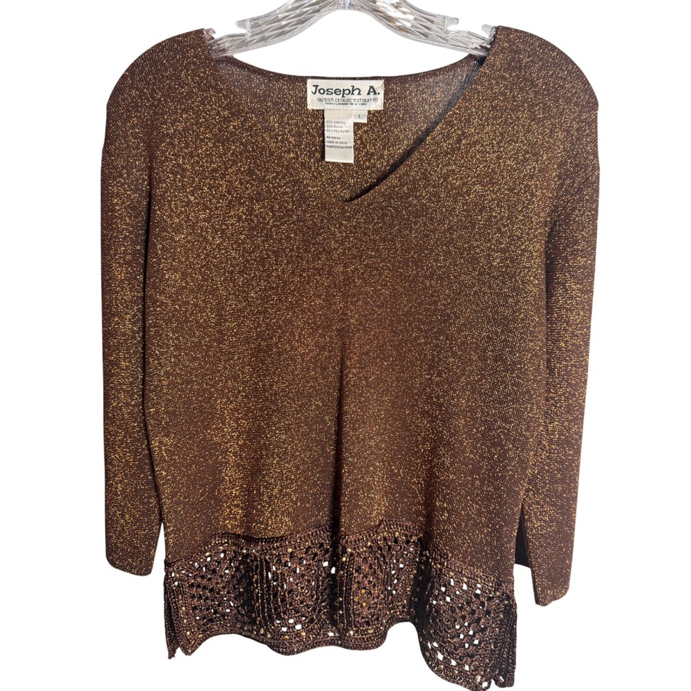 Joseph A. Metallic Knit Sweater Women Large Bronze Viscose Blend Crochet Hem